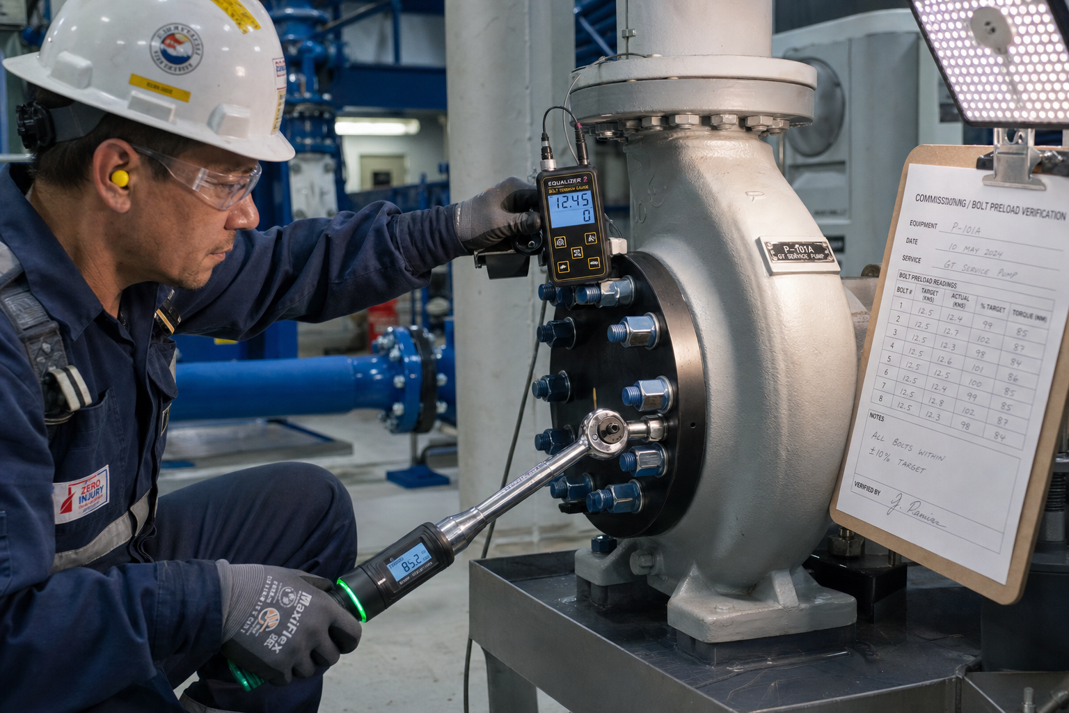 Torque wrench measuring bolt tension on flange