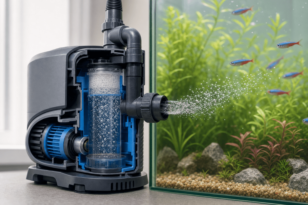 Hoe werkt een belcel in een aquariumpomp en wat zijn de voordelen voor zuurstofvoorziening?